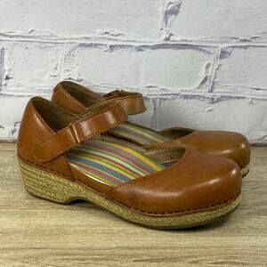 Dansko Jute Brown Leather Mary Jane Clogs Women's 37 US 6.5-7 Espadrille Shoes